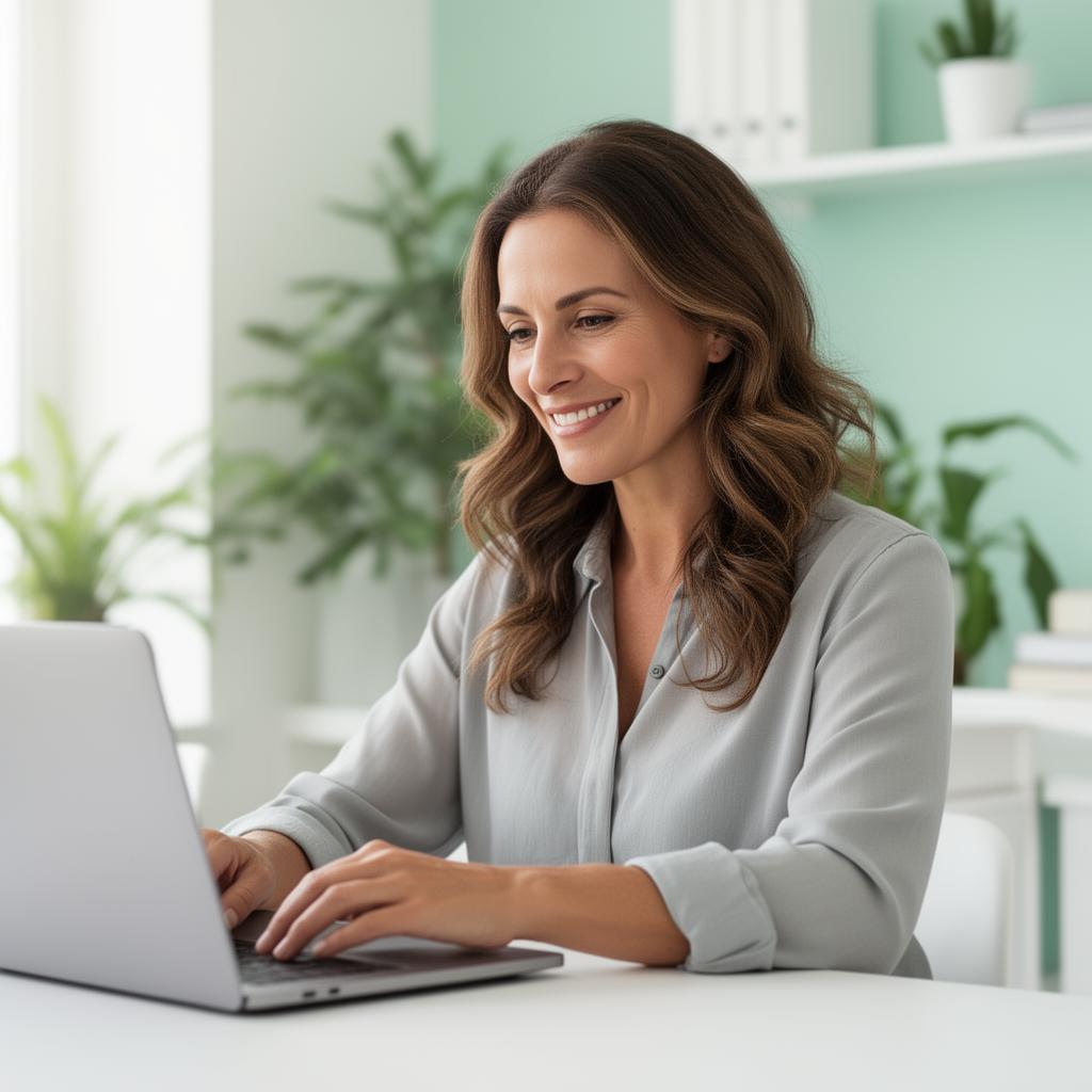 Frau im Homeoffice arbeitet konzentriert am Laptop