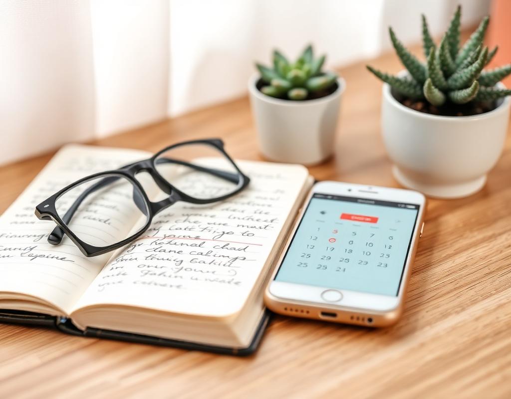Notizbuch, Brille und Kalender auf Holztisch